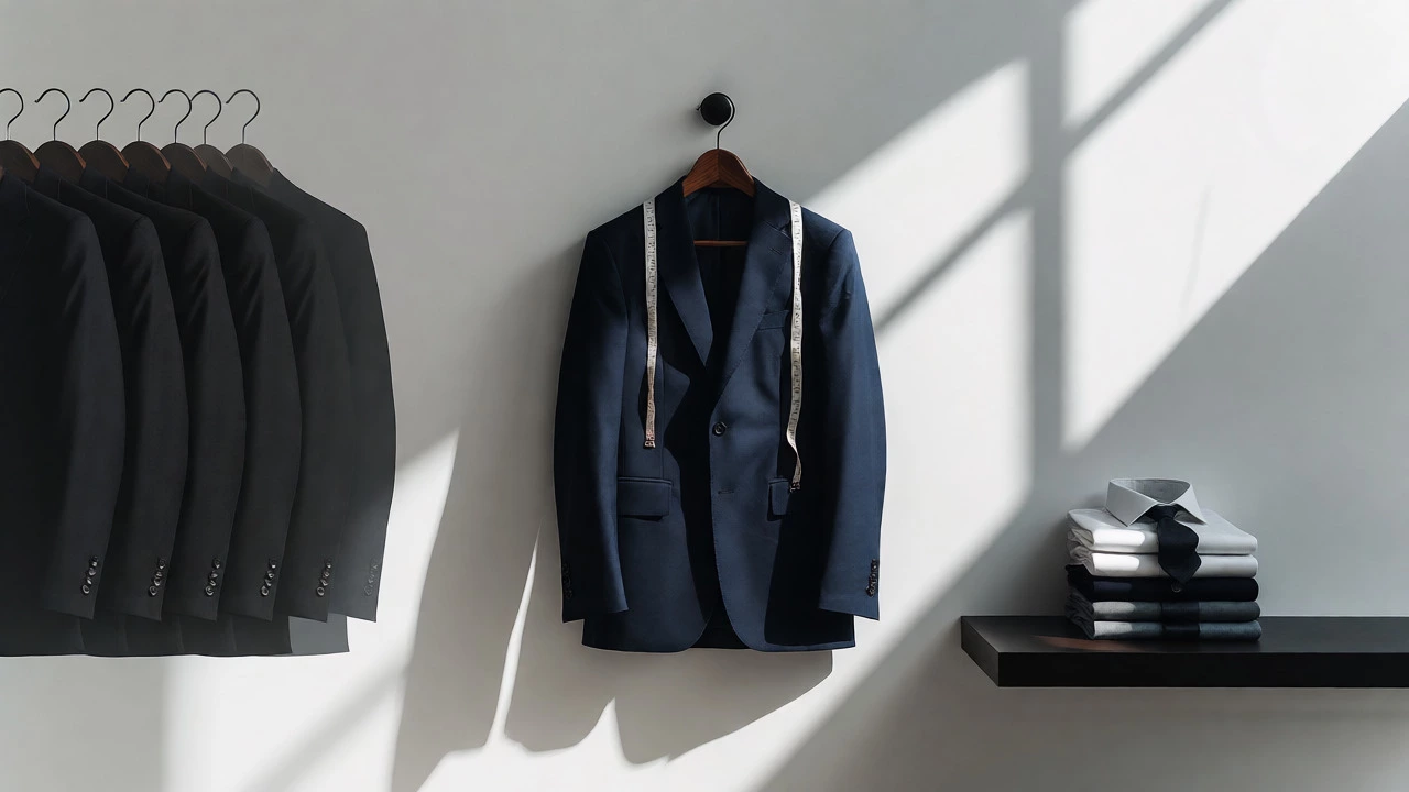 Single tailored navy suit hanging next to faded black suits and tailoring tools