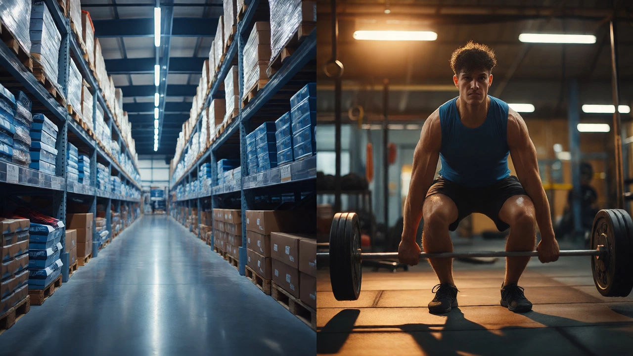 Split view comparing a neat athletic apparel warehouse with an intense weightlifting session in a gym.