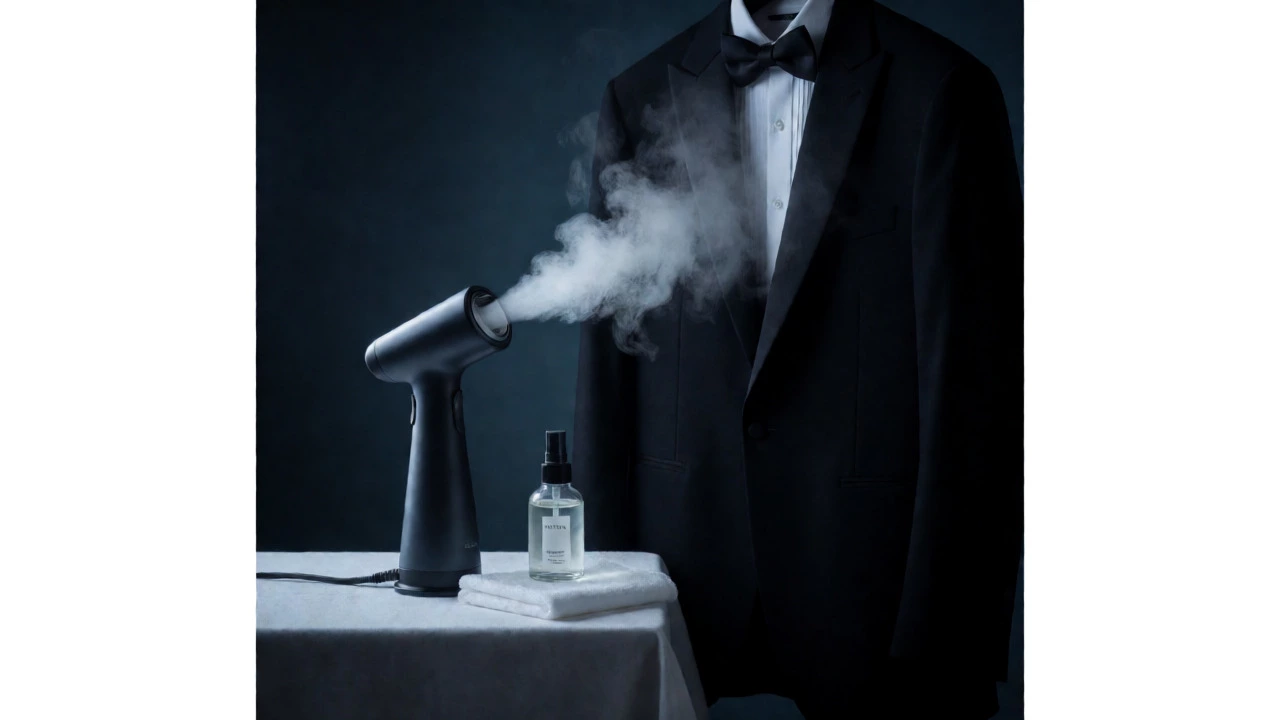 Steamer refreshing a black tuxedo next to cleaning supplies