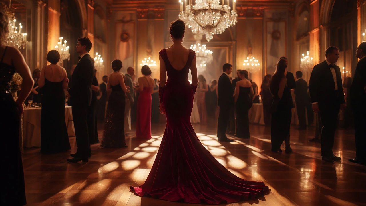Woman in burgundy gown at elegant evening gala