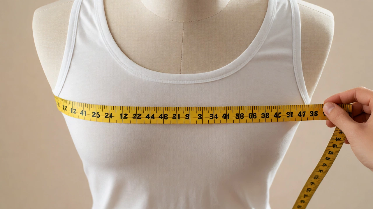 Yellow measuring tape wrapped around a mannequin's chest for sizing