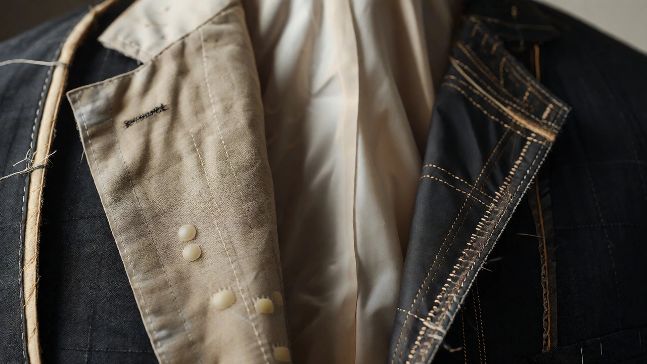 Close-up comparison of fused vs. full-canvas suit construction showing lapel roll and stitching details.