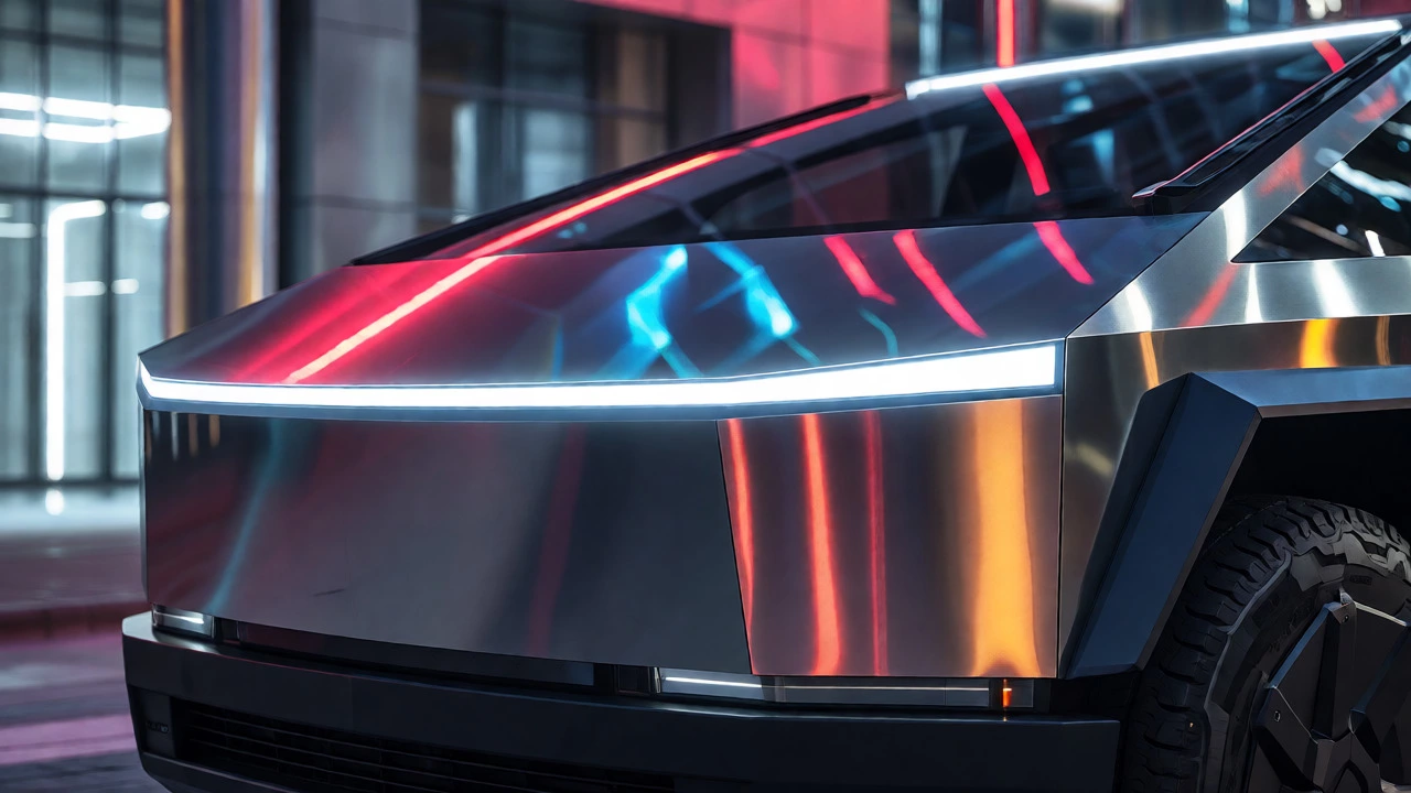 Close-up of angular stainless steel Tesla Cybertruck front in city night