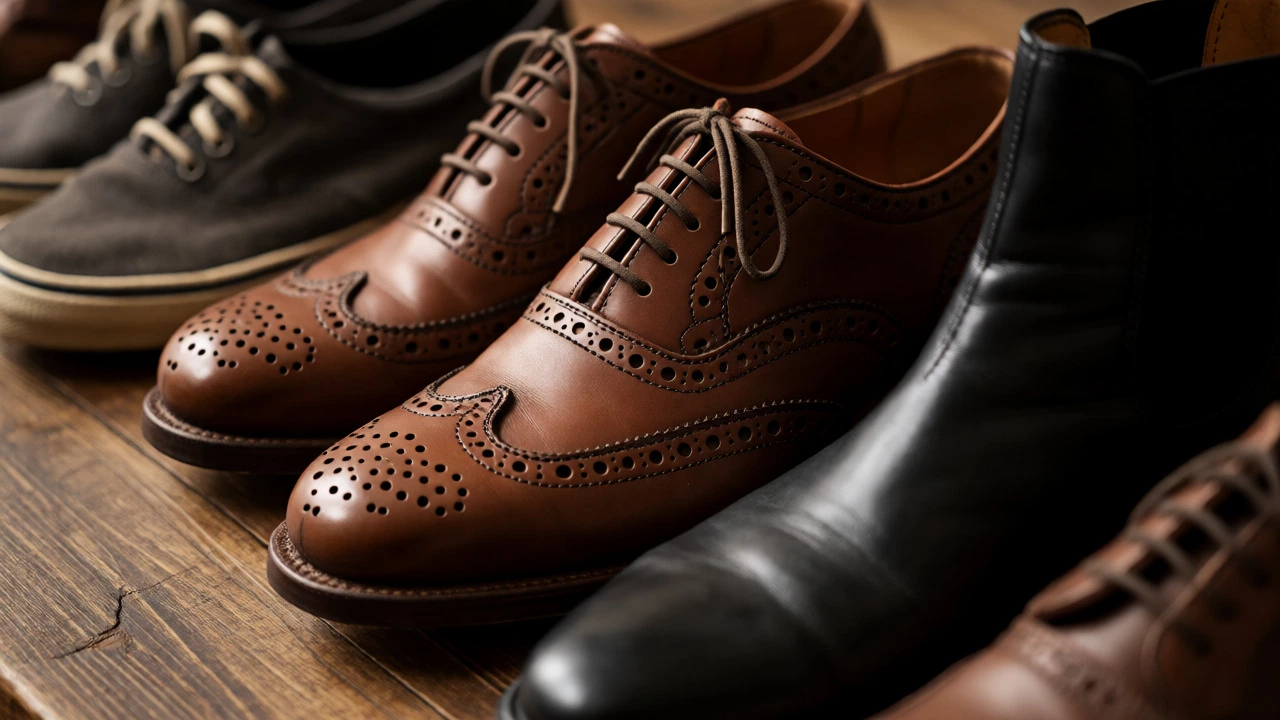 Close-up of brogues, Chelsea boots, and plimsolls arranged on a wooden surface.