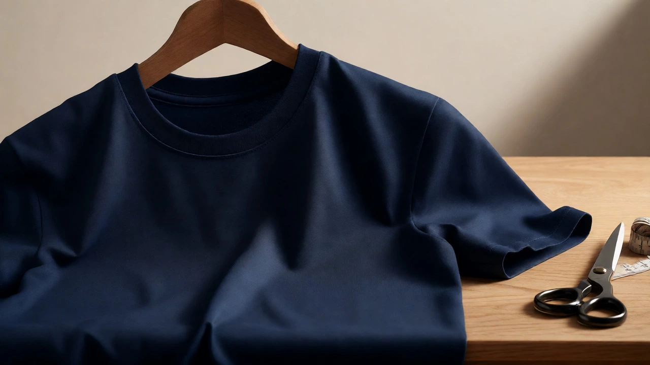 Close up of premium navy t-shirt fabric