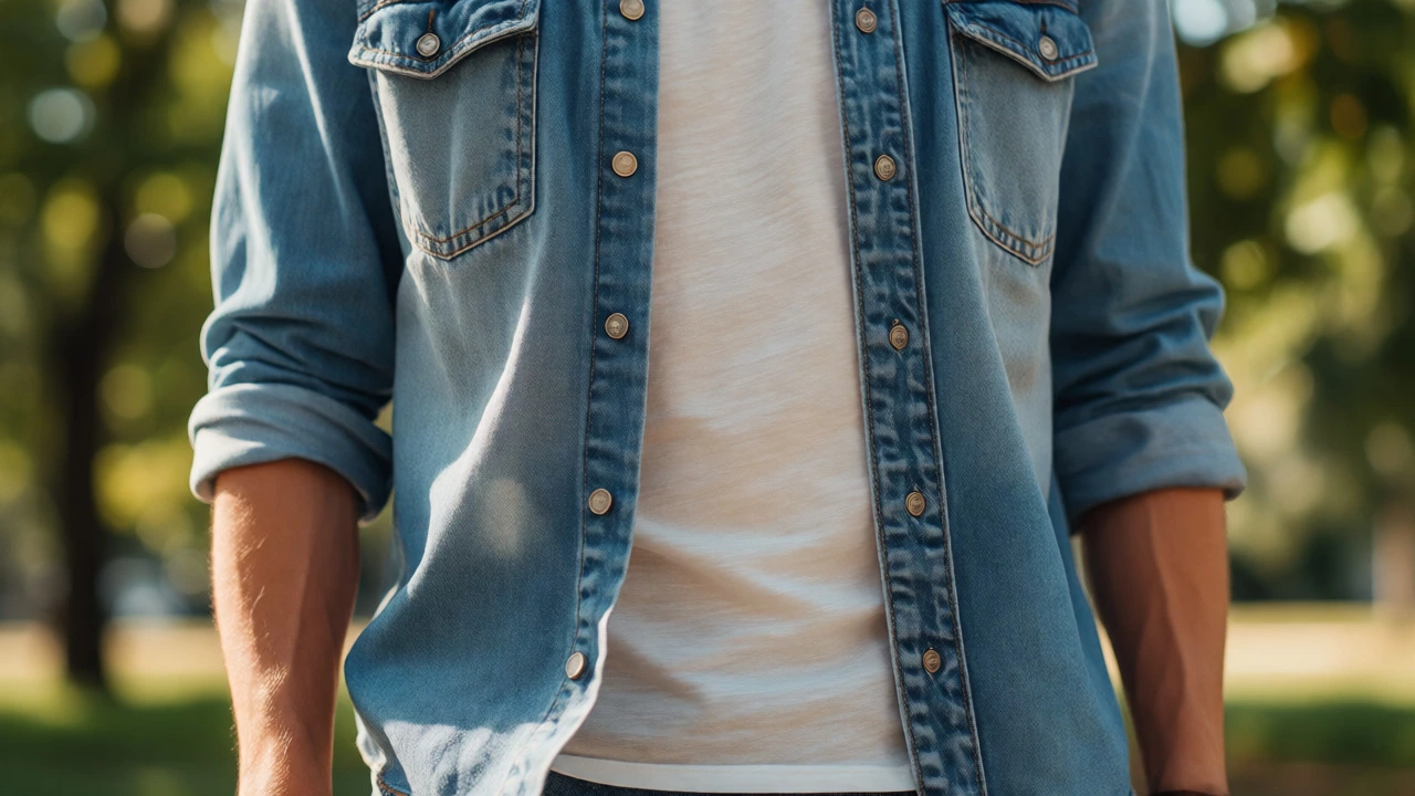 Close-up of stone-washed denim shacket with rolled sleeves outdoors