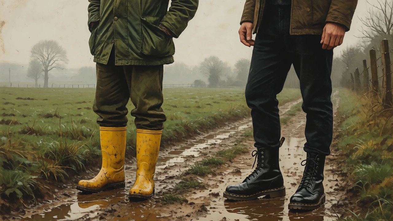 Farmer in wellies and urbanite in DMs standing on a muddy British country path.