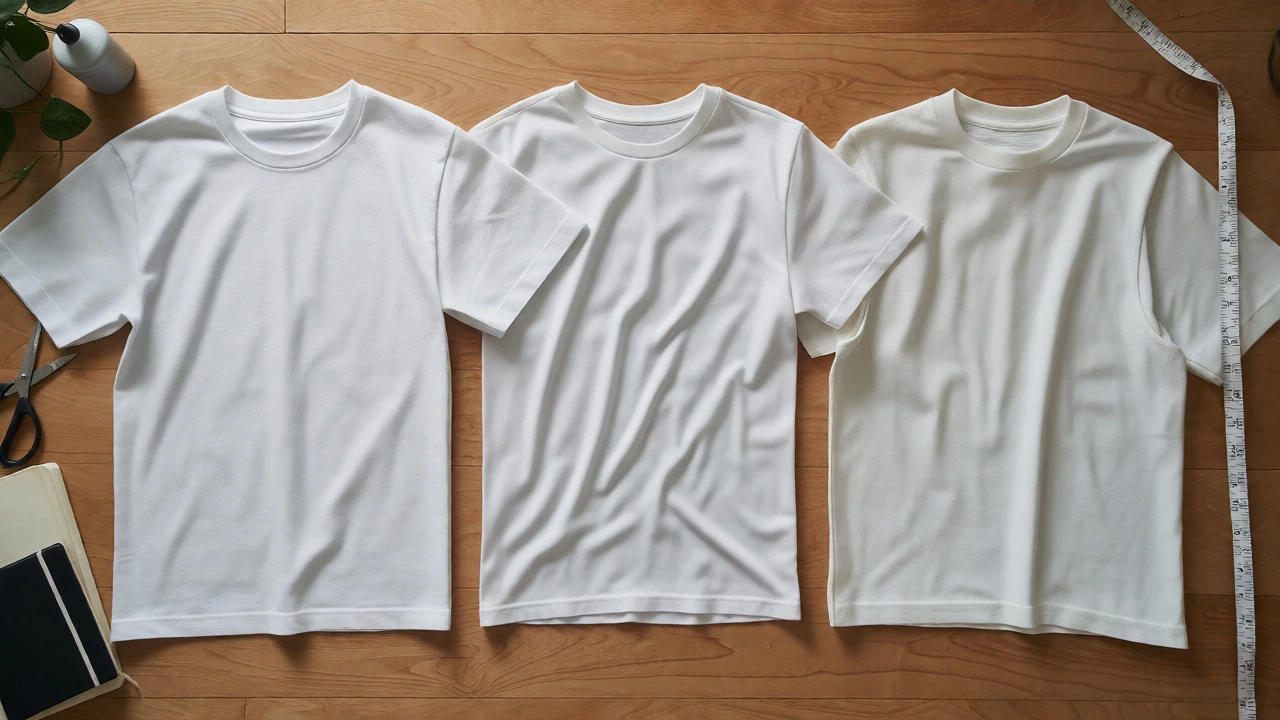 Flat lay of three t-shirts with measuring tape showing fit differences
