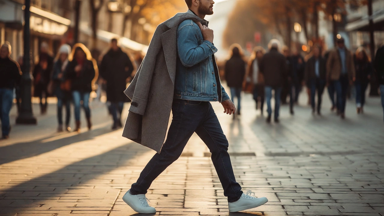 Man walking in denim jacket carrying a coat over his shoulder, displaying casual urban style.