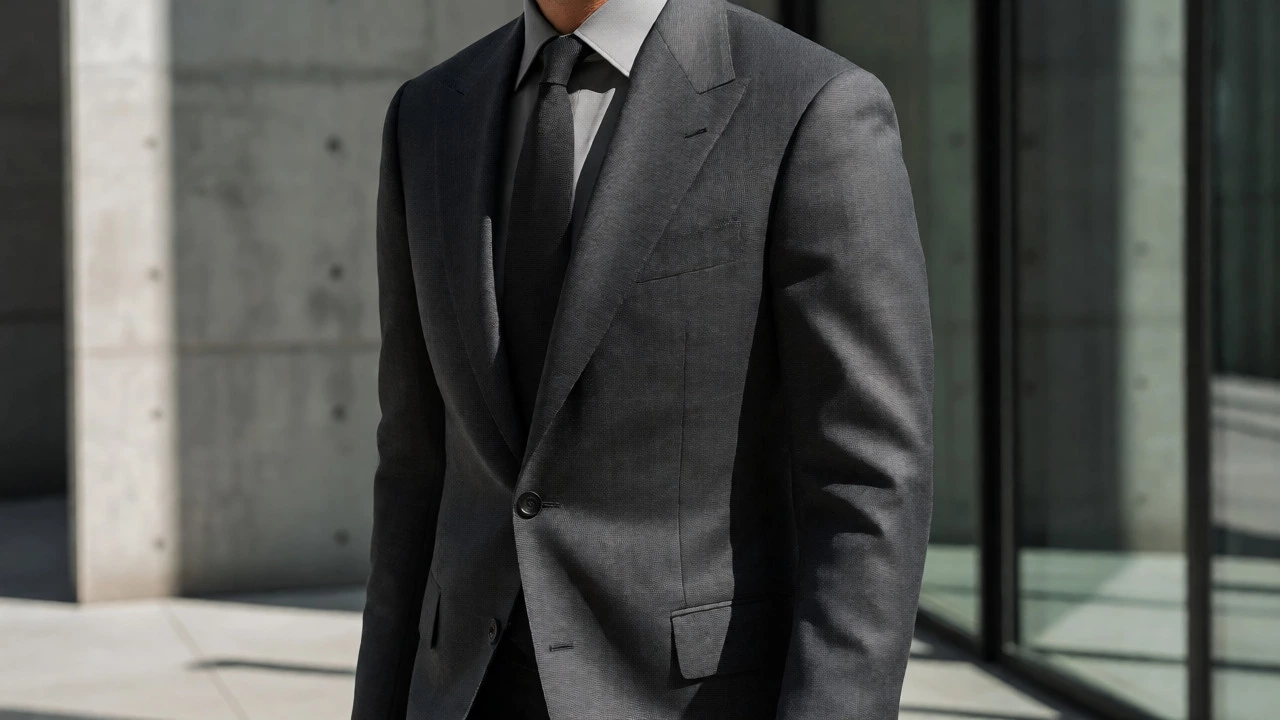 Man wearing a matte charcoal grey Fresco wool suit