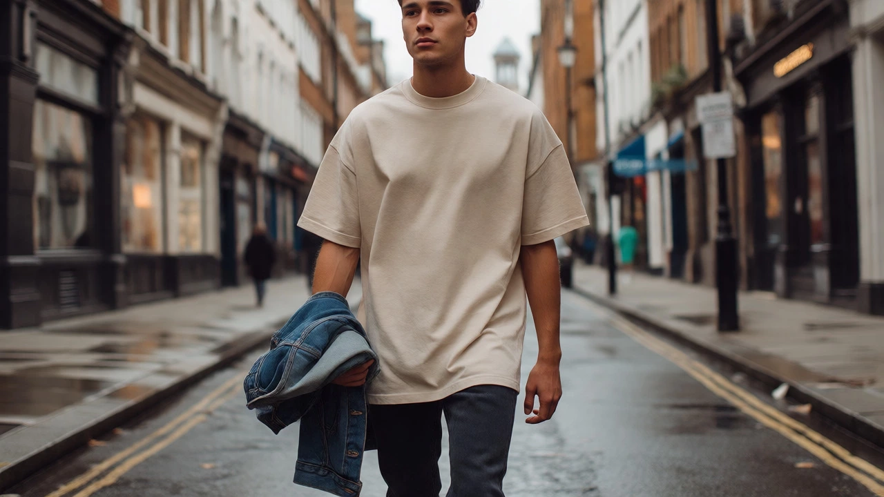 Man wearing an oversized boxy t-shirt on a city street