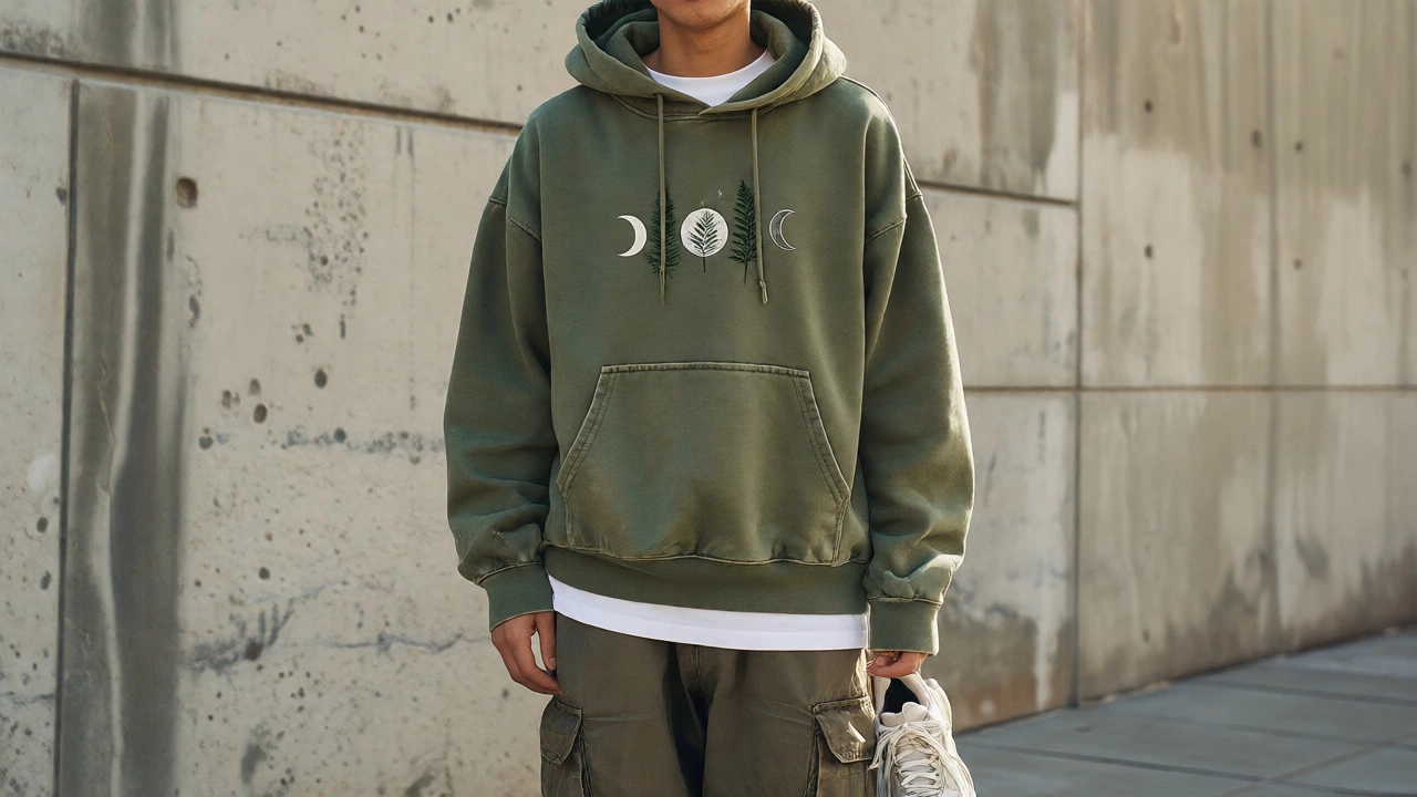 Person wearing an oversized hoodie with minimalist celestial embroidery