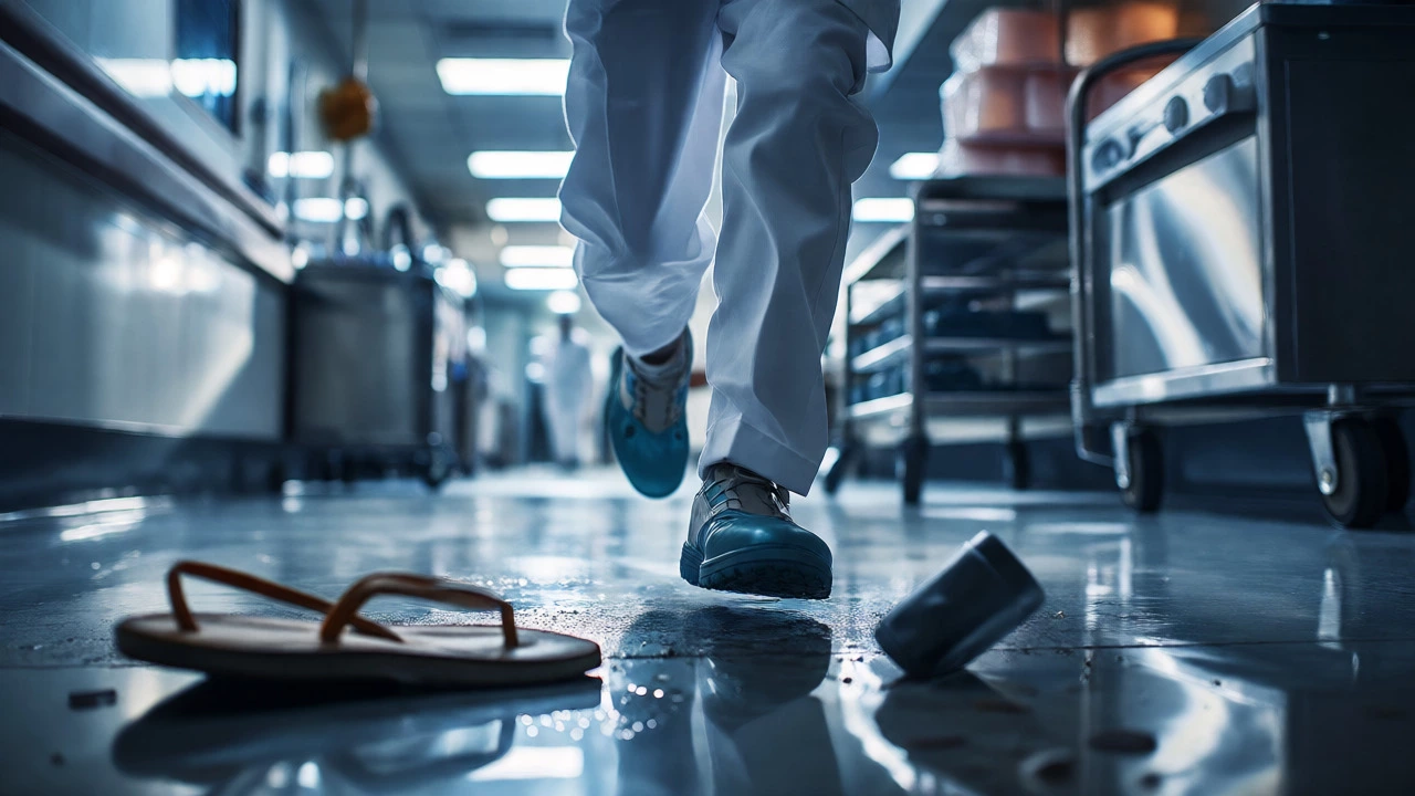 Safety hazard comparison showing flip flops vs protective work shoes