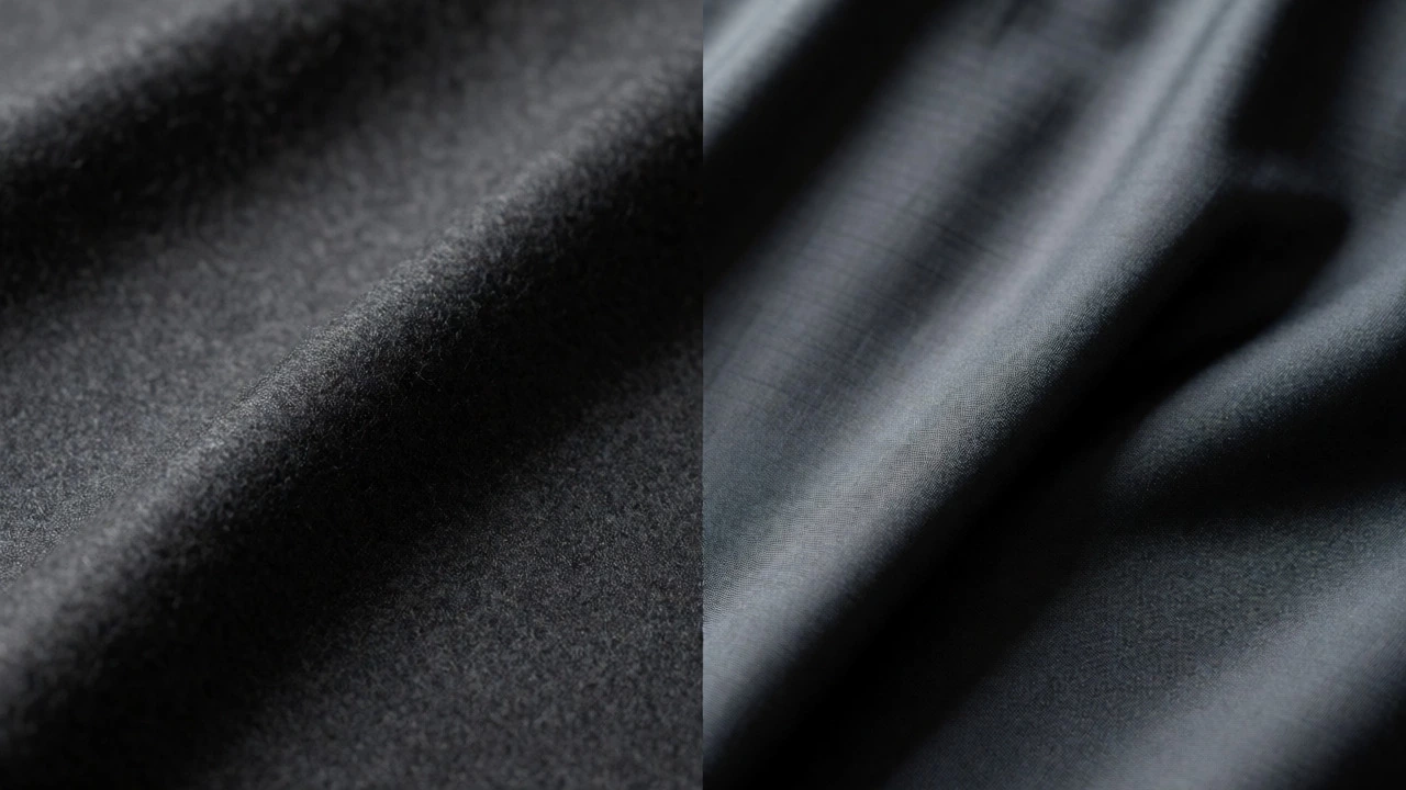 Side-by-side comparison of matte wool and shiny polyester fabric