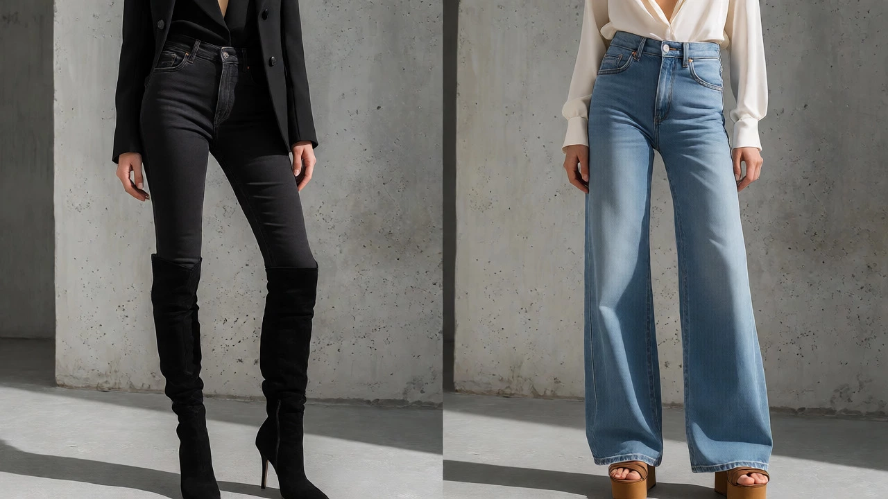 Side-by-side comparison of models wearing skinny jeans versus wide-leg jeans.