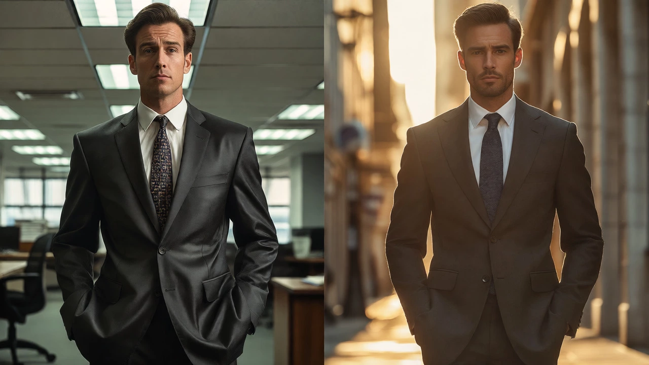 Split view comparing a poorly fitting cheap suit under office lights to a well-tailored suit in sunlight.