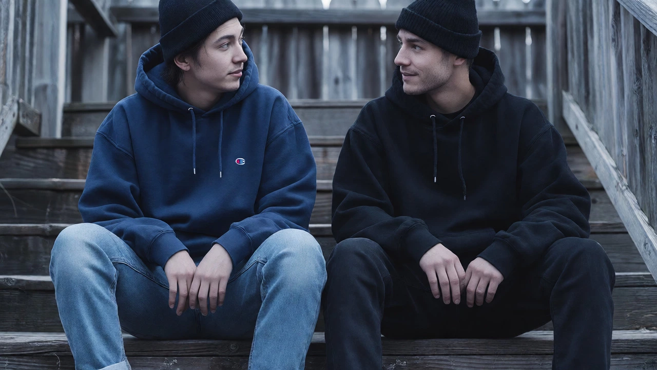 Two people in heavyweight hoodies sitting casually on outdoor steps
