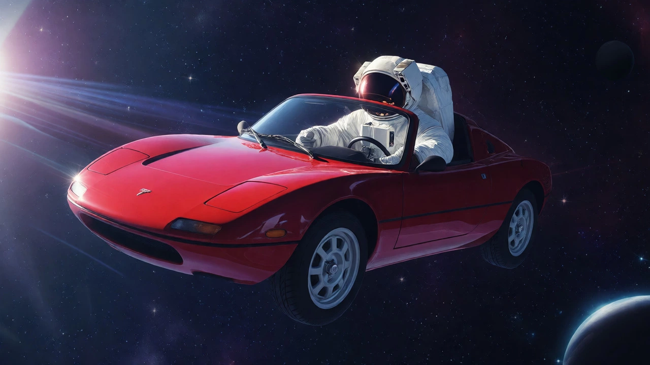 Vintage red Tesla Roadster in spacesuit floating in outer space