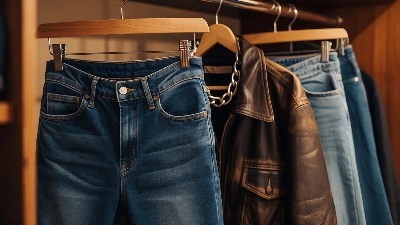 Wardrobe rail displaying skinny jeans alongside a leather jacket and wide-leg denim.