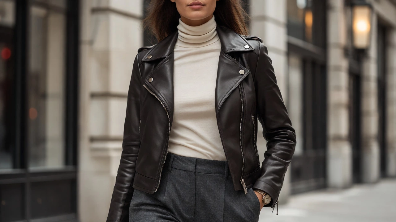 Woman in layered winter outfit with leather jacket and wool sweater, demonstrating confident styling.