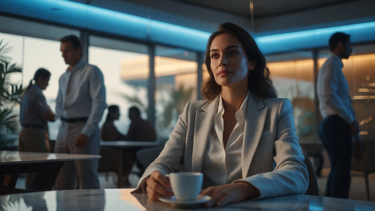 Woman in light grey blazer sitting comfortably in cool office